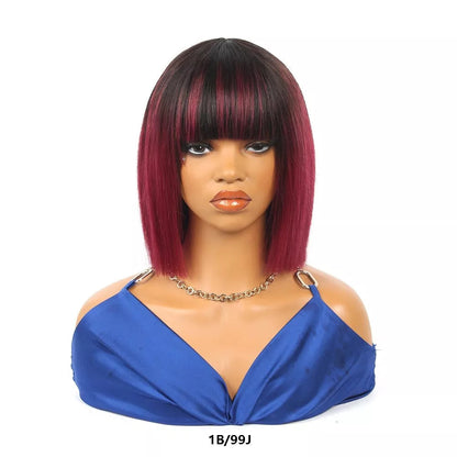 1B/99J Black & Burgundy Ombre Straight Short Bob Wig – 10 Inch Human Hair