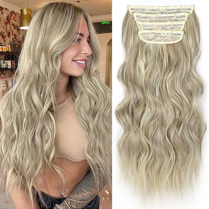Clip in Long Wavy Synthetic Hair Extension 24 Inch 4PCS 220g Thick Hairpieces Fiber Double Weft Hair for Women – 23 Colors
