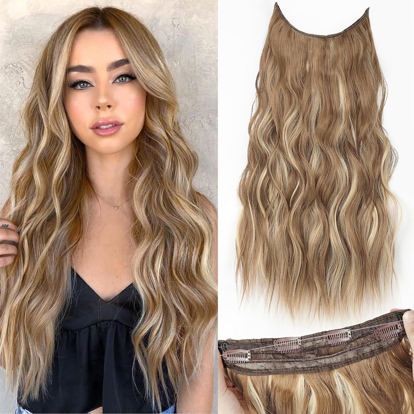 Halo Hair Extensions Invisible Wire Clip on Synthetic Wave Clip Ins Hair 20 Inch – Lightweight, Easy Install, Natural Look