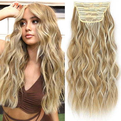 Clip in Long Wavy Synthetic Hair Extension 24 Inch 4PCS 220g Thick Hairpieces Fiber Double Weft Hair for Women – 23 Colors