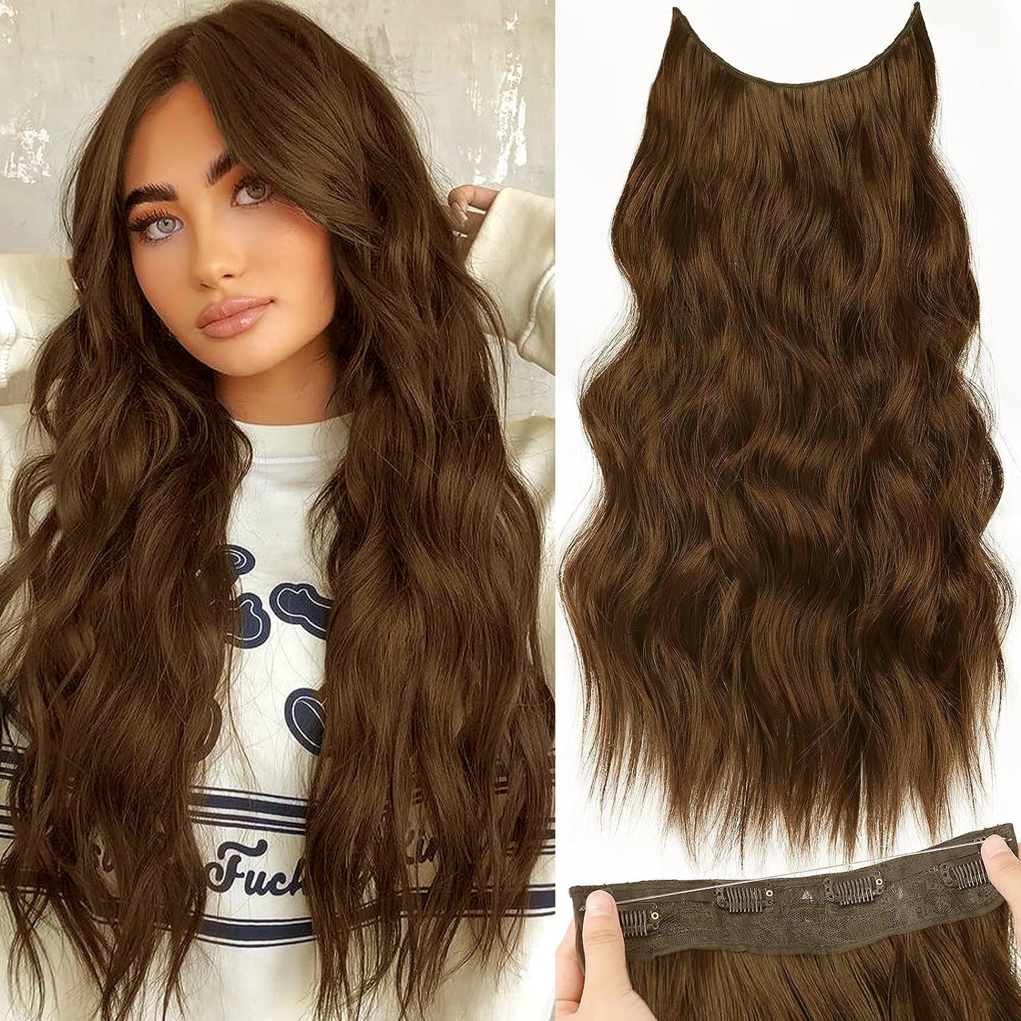 Halo Hair Extensions Invisible Wire Clip on Synthetic Wavy Hair Clip Ins 24 Inch – Lightweight, Easy Install, Natural Look