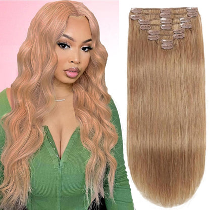 High Quality Clip In Honey Blonde (#27) Straight Hair Extensions 100% Human Hair – Warm Tone, Seamless Blend, Easy Install