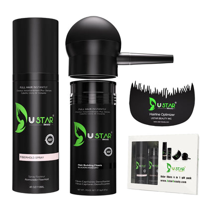 Ustar Hair Building Fibers .97oz/27.5g  4 in 1 Gift Pack (Hair Fibers, Comb, Spray Applicator, FiberHold Spray)