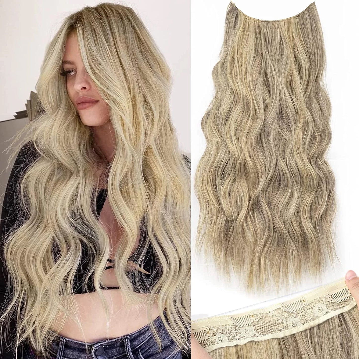 Halo Hair Extensions Invisible Wire Clip on Synthetic Wavy Hair Clip Ins 24 Inch – Lightweight, Easy Install, Natural Look