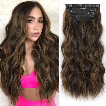 Clip in Long Wavy Synthetic Hair Extension 20 Inch 4PCS 180g Thick Hairpieces Fiber Double Weft Hair for Women – 23 Colors