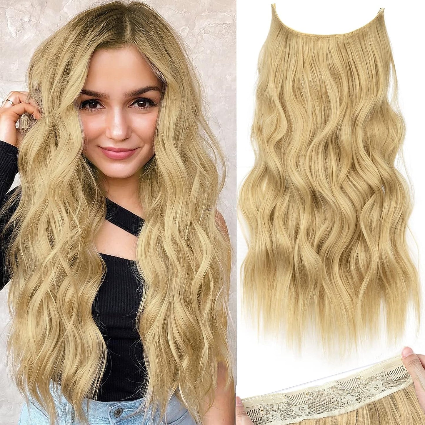 Halo Hair Extensions Invisible Wire Clip on Synthetic Wavy Hair Clip Ins 24 Inch – Lightweight, Easy Install, Natural Look
