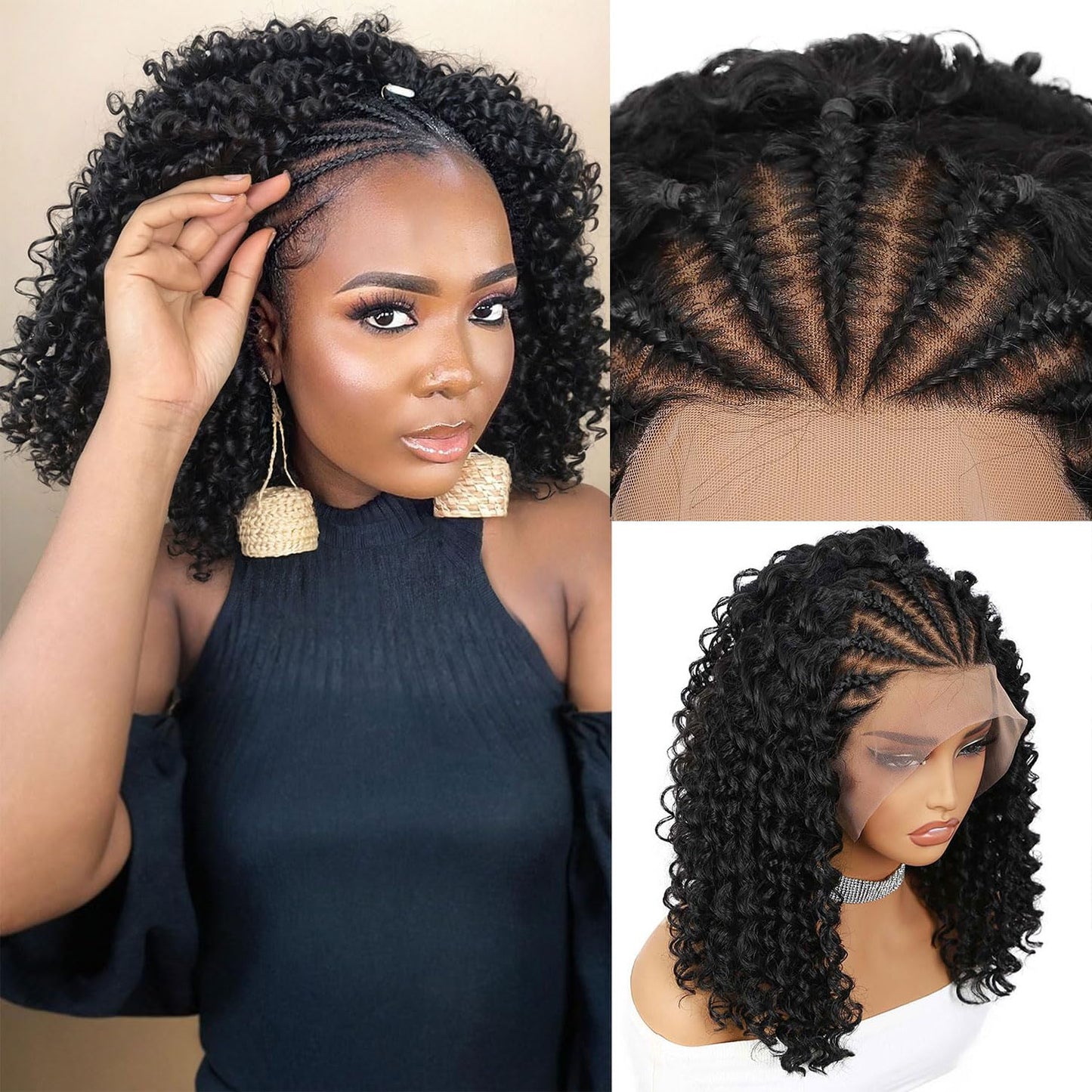 Fancy Hair Cornrow with Curly Braided Wig, Baby Hair Glueless Transparent 13x4 Inch Lace Frontal Wig for Black Women 12 to 16 inches