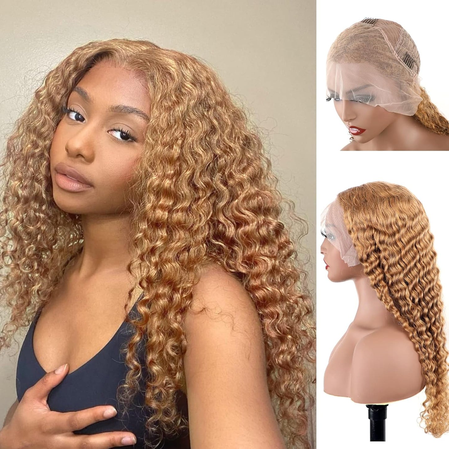 Transparent Lace 13X4 Frontal Wig Color Honey Blonde (#27) Deep Wave 200 Density 100 remy Human Hair