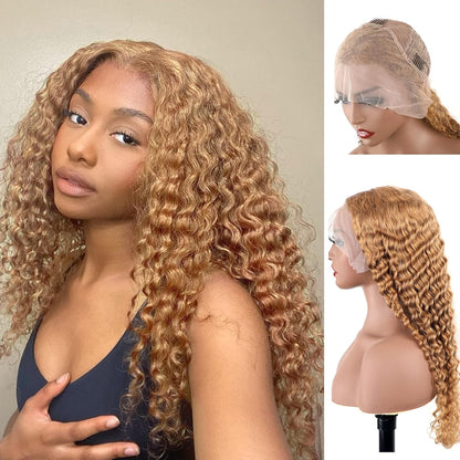 Transparent Lace 13X4 Frontal Wig Color Honey Blonde (#27) Deep Wave 200 Density 100 remy Human Hair