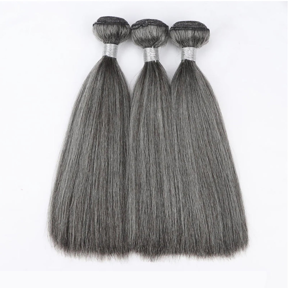 Salt Pepper Straight 100% Human Hair Blended Bundles Color #51 | Gray Hair Extensions Heat Safe 200°F Thick & Full