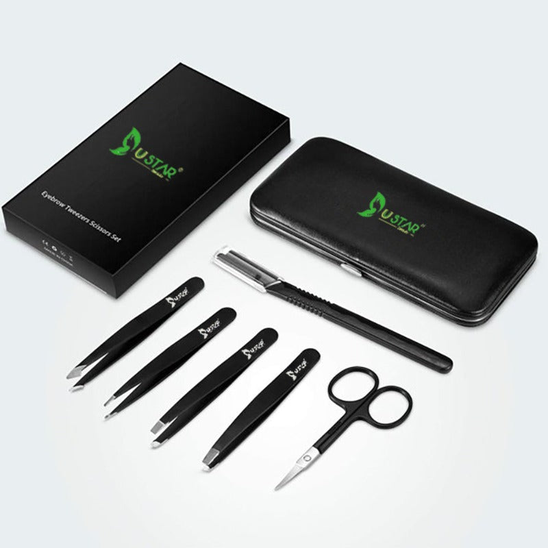 USTAR Eyebrow Tweezers Set 6 Piece Professional Stainless Steel Precision Tweezer for Eyebrows Plucking Ingrown Hair Removal, with Razor and Scissors, Daily Beauty Tool for Women and Men