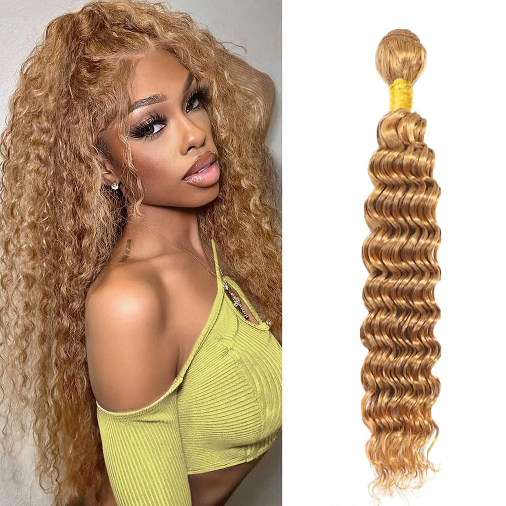 Honey Blonde weft #27 Deep Wave 100% Human HairUnprocessed Brazilian Human Virgin Hair | Single Donor Cuticle Intact Bundles 8"-26"