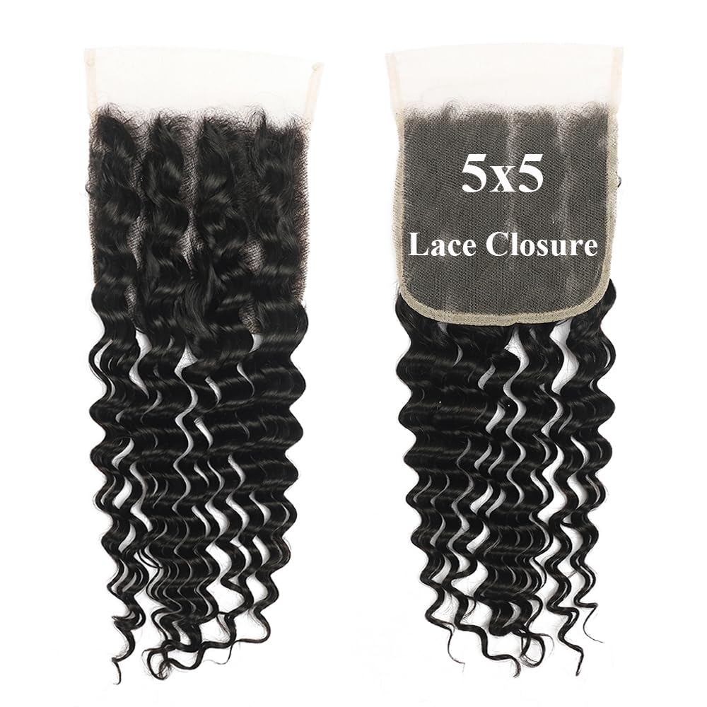 5x5 Transparent Lace Deep Wave Lace Closure Brazilian Virgin Human Hair | Free Part, Bleached Knots