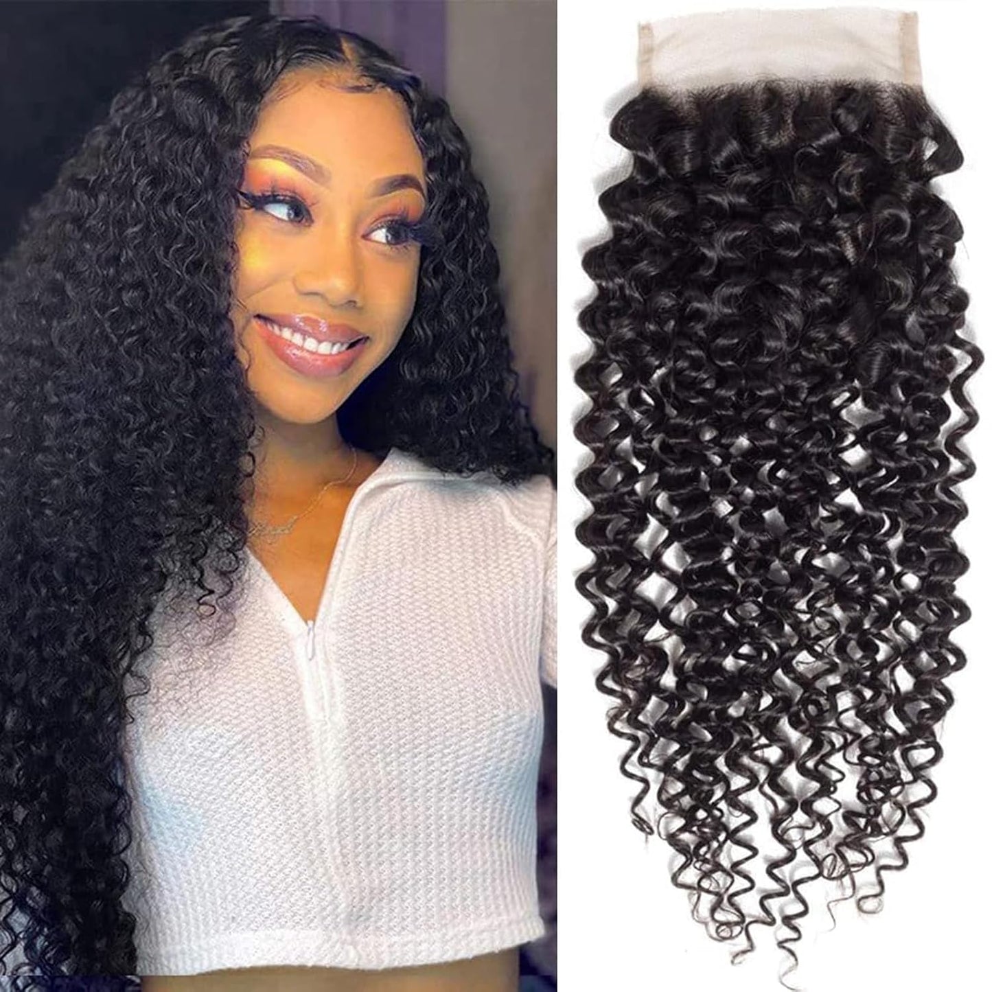 4x4 Lace Transparent Lace Closure Jerry Curl Virgin Natural Human Hair | Natural Color, Free Part