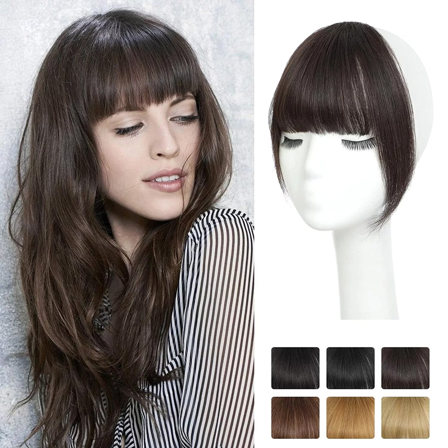 Wispy Clip in Bangs 100% Unprocessed Human Hair Extensions Curved Bangs Clip on Hair for Women Fringe with Temples Hairpieces for Daily Wear 9 Colors – Natural Look