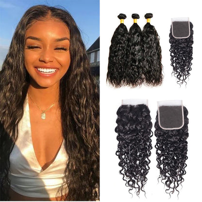 3 Bundles with 5x5 HD Lace Closure Water Wave 100% Virgin Human Hair
