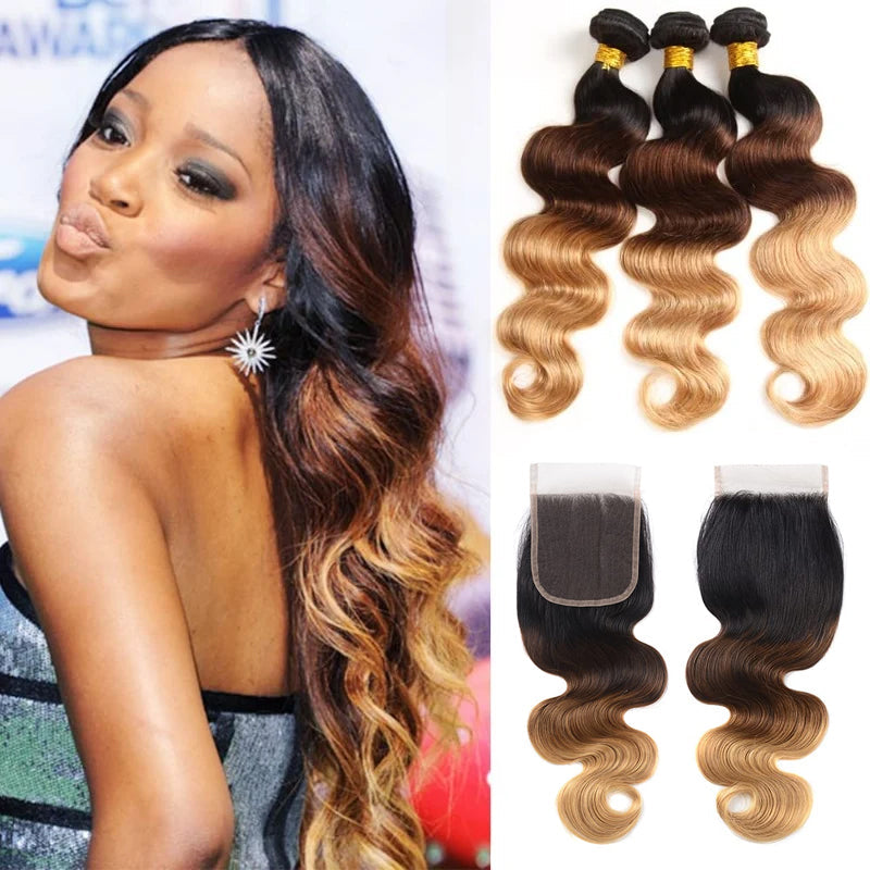 Ombre 1B/4/27 Body Wave 3 Bundles with Lace Closure 100% Virgin Human Hair