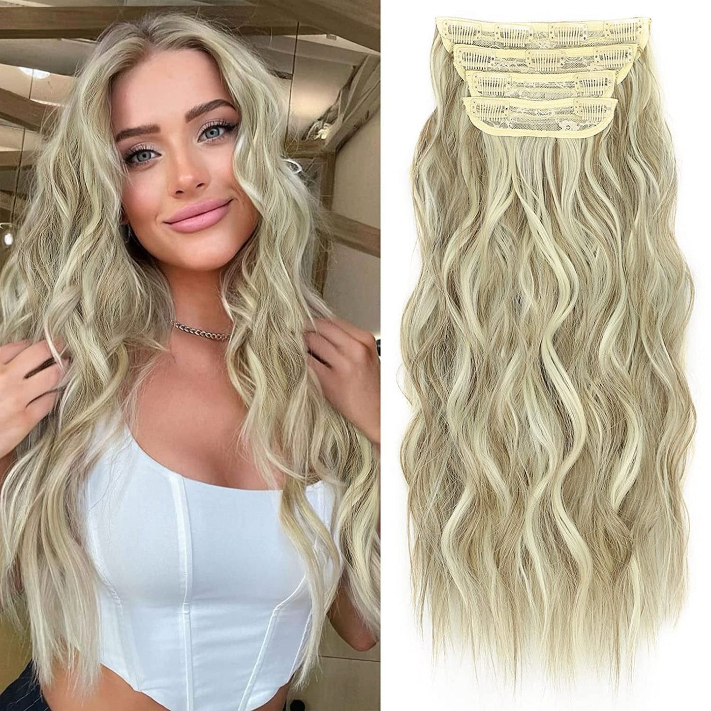Clip in Long Wavy Synthetic Hair Extension 20 Inch 4PCS 180g Thick Hairpieces Fiber Double Weft Hair for Women – 23 Colors