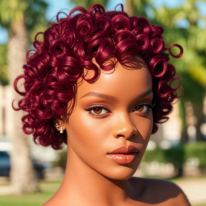 Burgundy Red Short Curly Bob Wig – 13x1 Lace Front 100% Human Hair