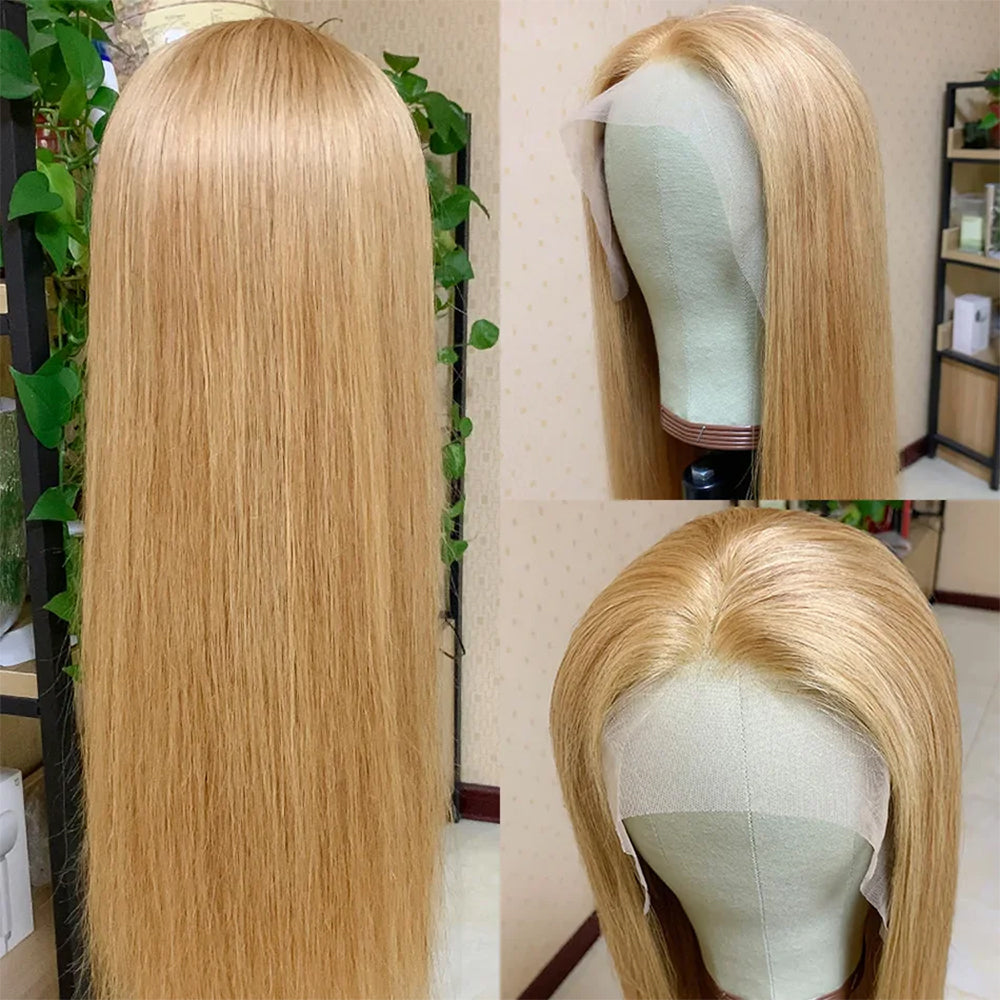 Transparent Lace 13X4 Frontal Wig Color Honey Blonde (#27) Straight 200 density 100 remy Human Hair Wig