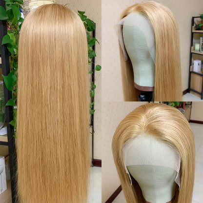 Transparent Lace 13X4 Frontal Wig Color Honey Blonde (#27) Straight 200 density 100 remy Human Hair Wig