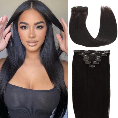 Seamless Clip in Straight Natural Black 7 Pcs Hair Extensions Thick Hair Extensions High Quality Premium Human Hair Clip Ins – Easy Install