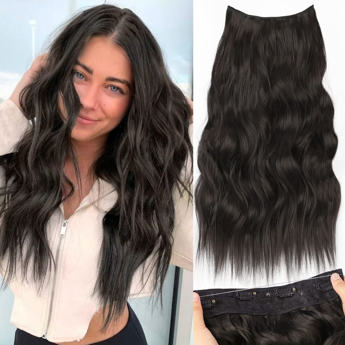 Halo Hair Extensions Invisible Wire Clip on Synthetic Wavy Hair Clip Ins 24 Inch – Lightweight, Easy Install, Natural Look