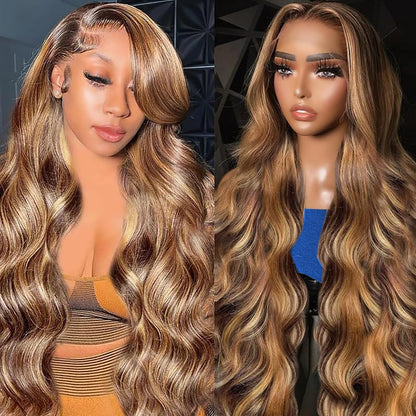 P4/27 Honey Blonde Highlight Body Wave Wig – 5x5 Lace Closure 100% Human Hair
