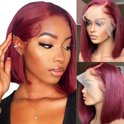99J Burgundy Straight Short Bob Wig – 13x4 & 13x6 Transparent Lace Front Human Hair