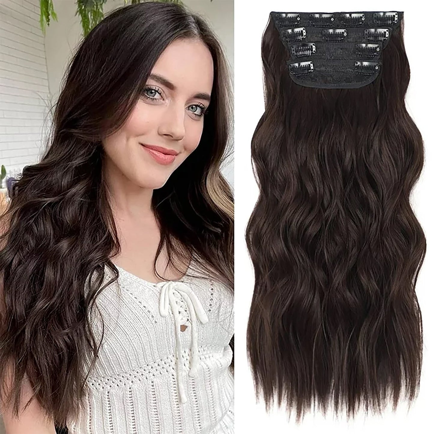 Clip in Long Wavy Synthetic Hair Extension 20 Inch 4PCS 180g Thick Hairpieces Fiber Double Weft Hair for Women – 23 Colors