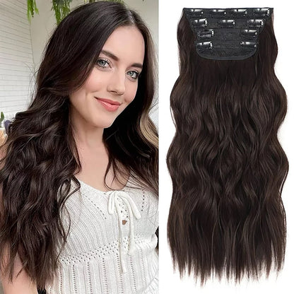 Clip in Long Wavy Synthetic Hair Extension 20 Inch 4PCS 180g Thick Hairpieces Fiber Double Weft Hair for Women – 23 Colors