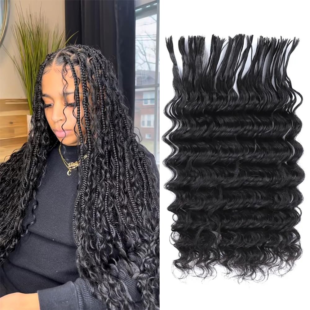 Pre-Divided 100% Human Hair Boho Braids - Deep Wave Natural Black Bulk Hair (50g-200g Options)