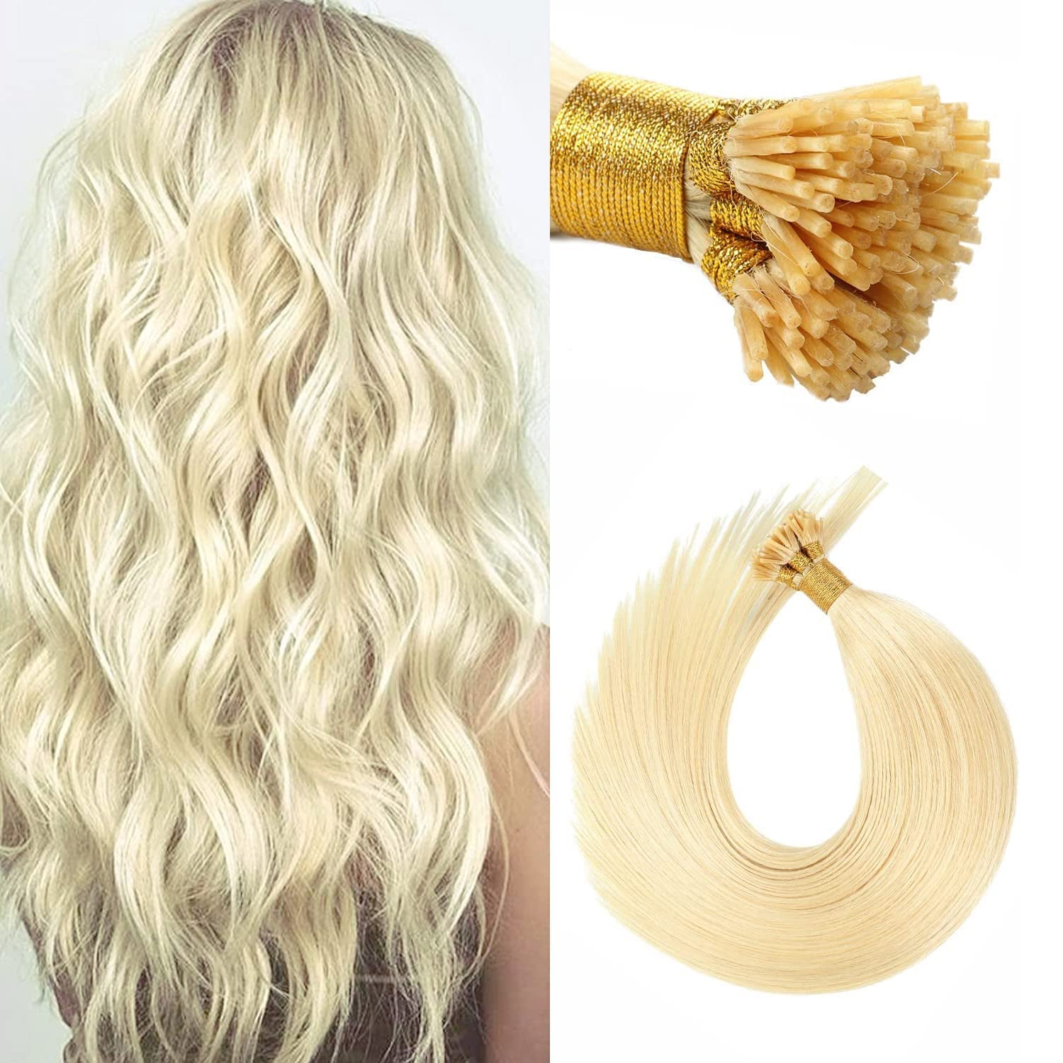 Extensiones de cabello liso rubio 613 I-Tip de calidad, 100% cabello humano – Pre-adheridas, 18"-24", teñibles Imagen secundaria del producto