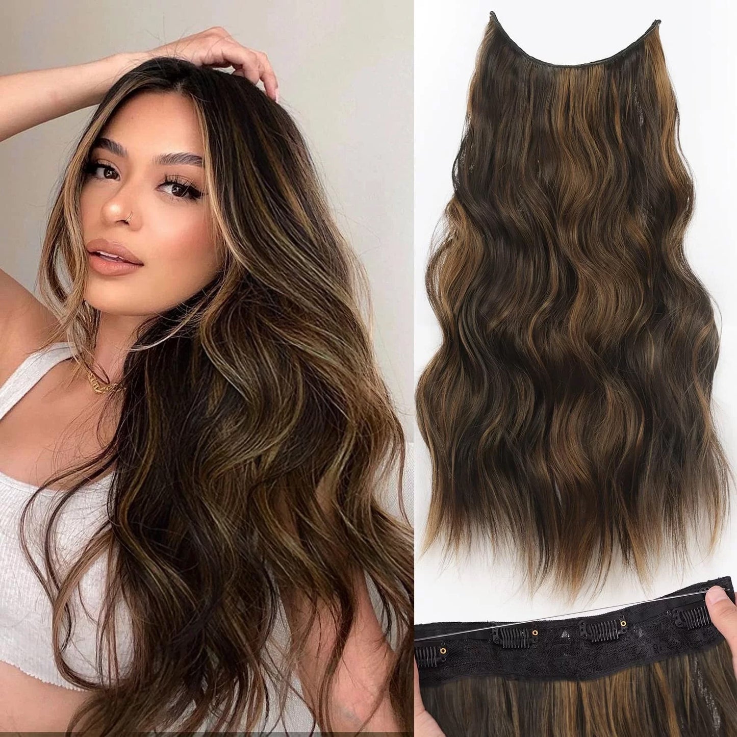 Halo Hair Extensions Invisible Wire Clip on Synthetic Wavy Hair Clip Ins 24 Inch – Lightweight, Easy Install, Natural Look