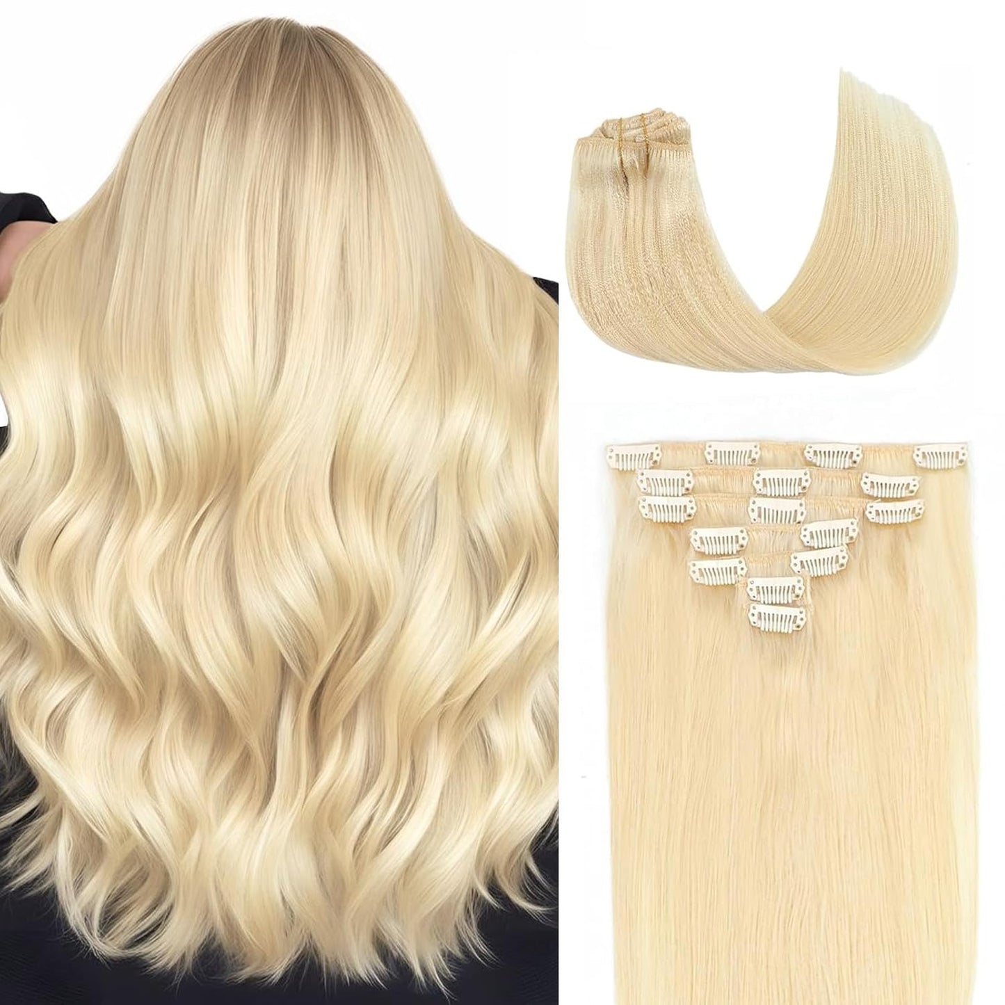 High Quality Clip In Blonde (#613) Straight Hair Extensions 100% Human Hair – Sun-Kissed Blonde, Seamless Blend, Easy Install