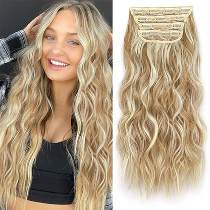 Clip in Long Wavy Synthetic Hair Extension 20 Inch 4PCS 180g Thick Hairpieces Fiber Double Weft Hair for Women – 23 Colors