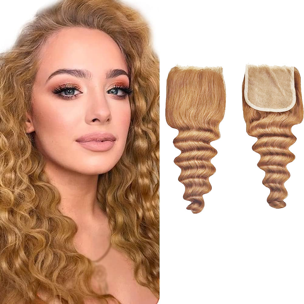 4X4 Lace Closure Loose Deep Honey Blonde (#27) Color 100% Human Hair Closure – Transparent Lace, Warm Tone