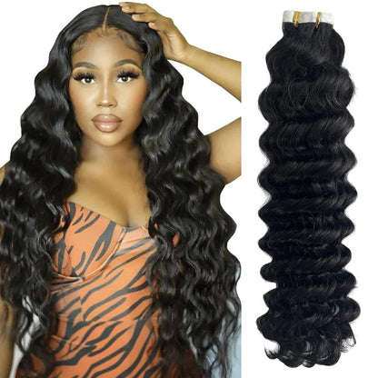 Premium Tape-in Human Hair Natural Color Deep Wave – 20Pcs/Pack, Virgin Raw Hair, No Tangle, Seamless Blend