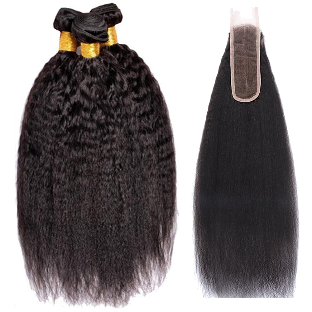 3 Bundles with 2x6 HD Lace Closure Kinky Straight 100% Virgin Human Hair