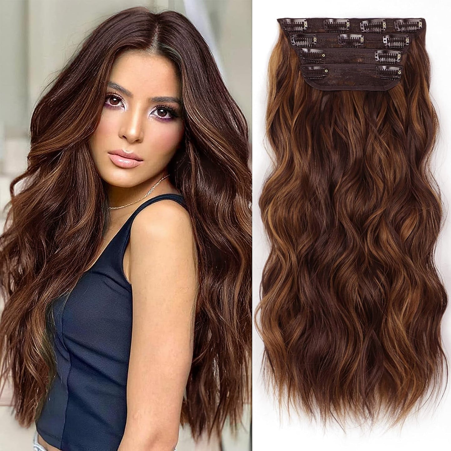 Clip in Long Wavy Synthetic Hair Extension 24 Inch 4PCS 220g Thick Hairpieces Fiber Double Weft Hair for Women – 23 Colors