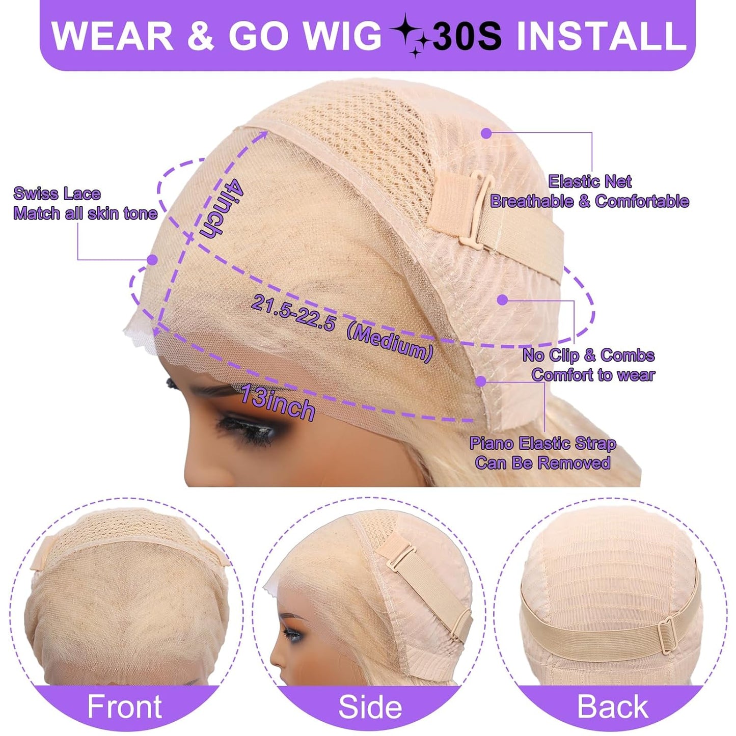 Glueless Lace 13x4 Frontal Wig Color Blonde(613) Straight Density 200 Wear and Go Human Hair Wig