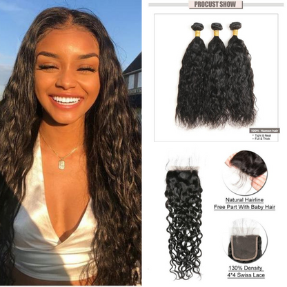 Natural Black Virgin Water Wave Hair  Bundles with Lace Closure