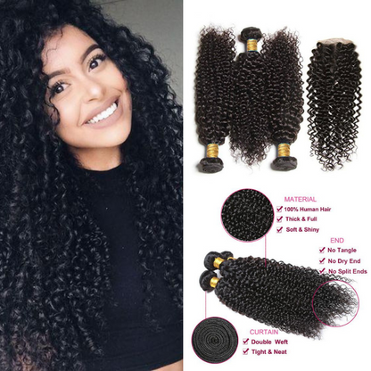 Ustar 7A Natural Black Virgin Jerry Curl Hair 3 Bundles with 4 by 4 Lace Closure