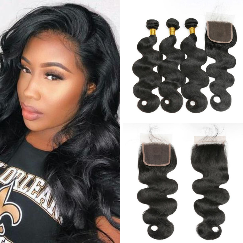Ustar 7A Natural Black Virgin Body Wave Hair 3 Bundles with 4 by 4 Lace Closure
