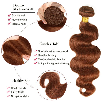 100% Auburn (#33) Body Wave Human Hair Bundles | Warm Tone & Effortless Waves | Single Donor Cuticle Intact 100g
