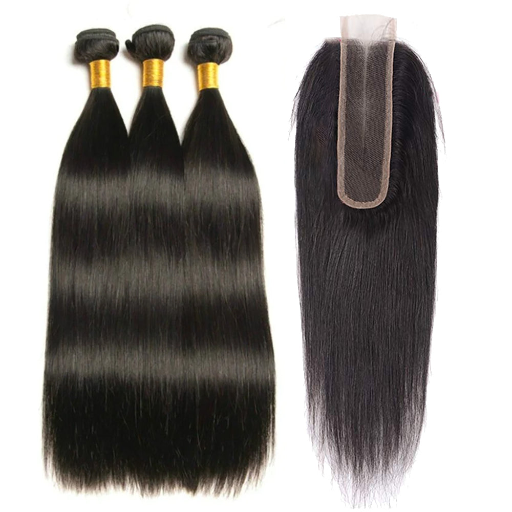 3 Bundles with 2x6 HD Lace Closure Straight 100% Virgin Human Hair