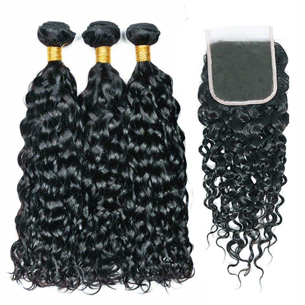 3 Bundles with 5x5 HD Lace Closure Water Wave 100% Virgin Human Hair