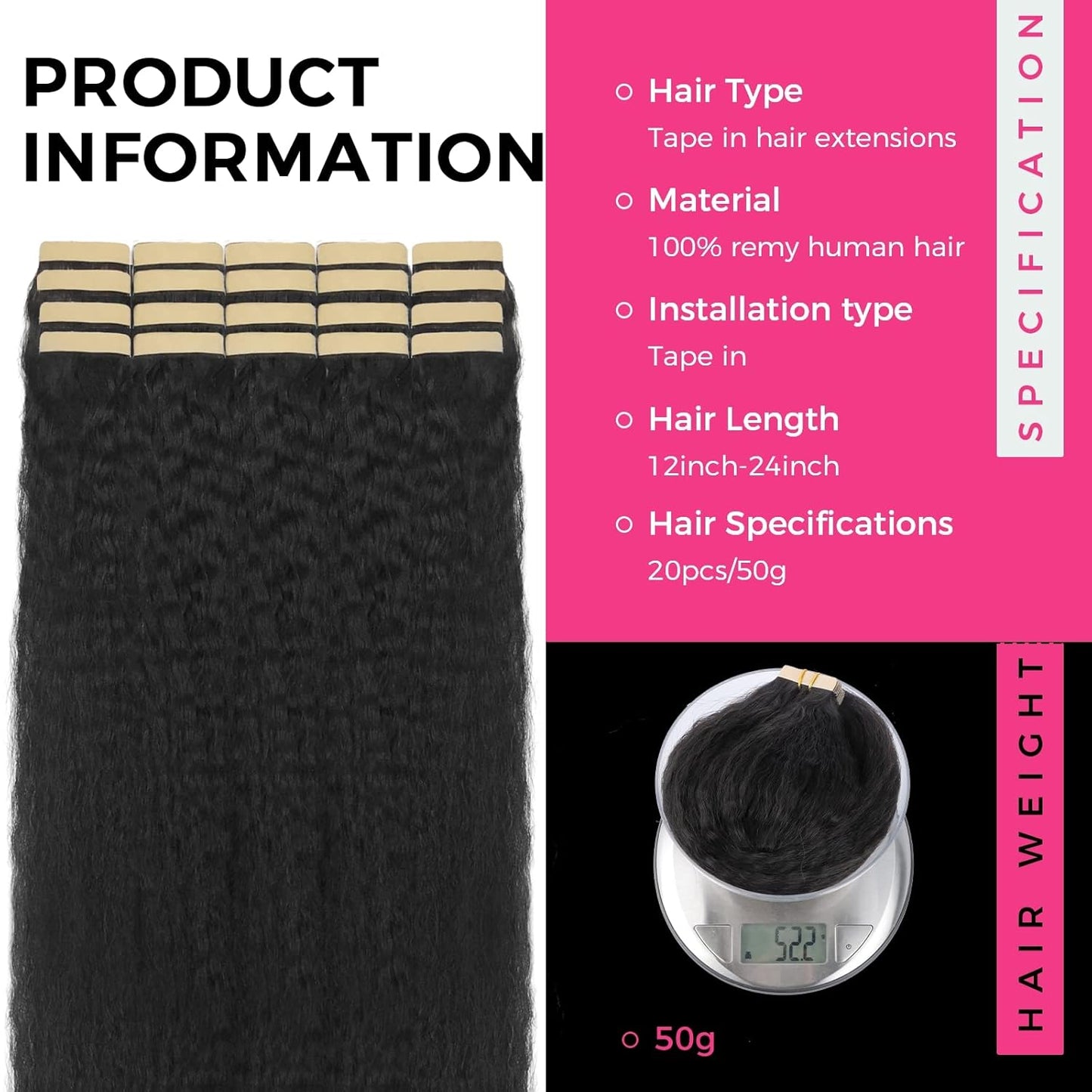 Premium Tape-in Human Hair Natural Color Kinky Straight – 20Pcs/Pack, Virgin Raw Hair, No Tangle, Seamless Blend