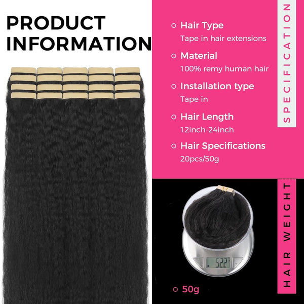 Premium Tape-in Human Hair Natural Color Kinky Straight – 20Pcs/Pack, Virgin Raw Hair, No Tangle, Seamless Blend