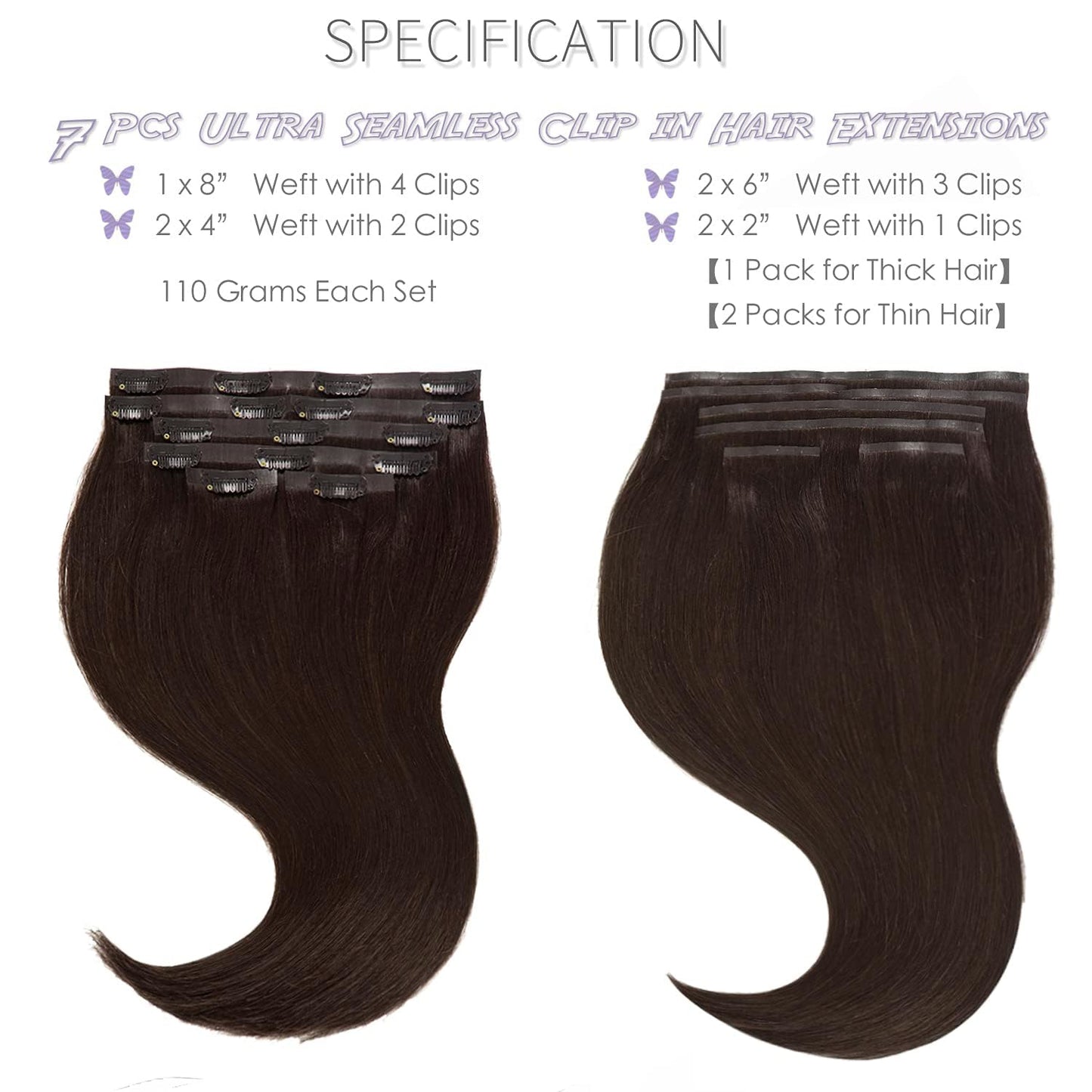 PU Weft Clip On Hair Extensions 18-24 Inch 7Pcs 100g SEAMLESS Clip in Human Hair Natural Black